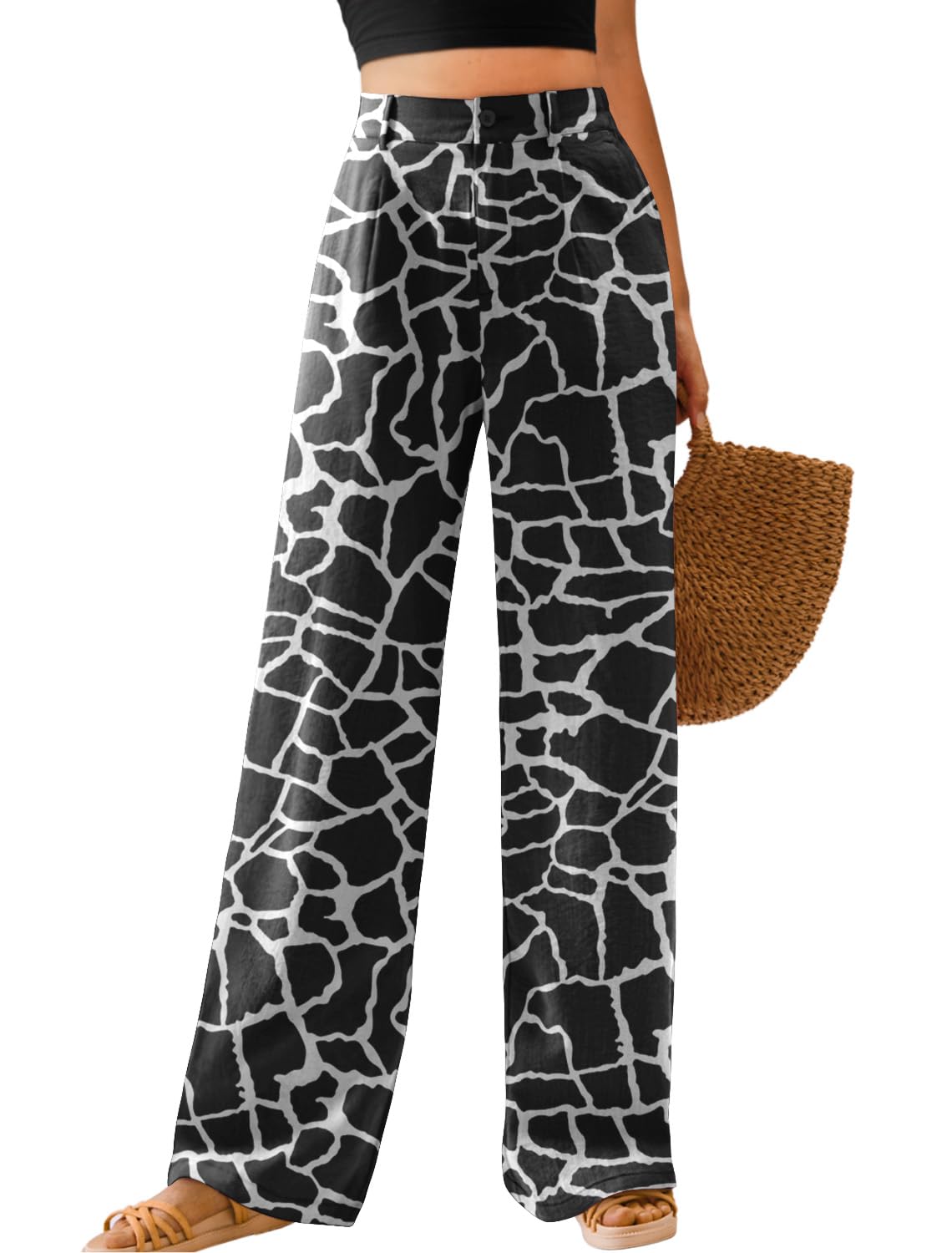 Feiersi Womens Casual Wide Leg Pants High Waisted Button Down Straight Long Trousers Palazzo Pants