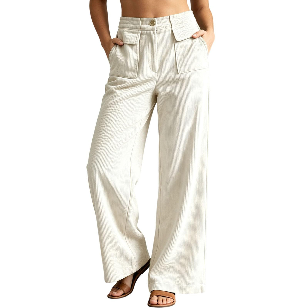 Wide Leg Corduroy Pants for Women Fall Lounge Button Pants Business Office Work Trousers with Double Pockets