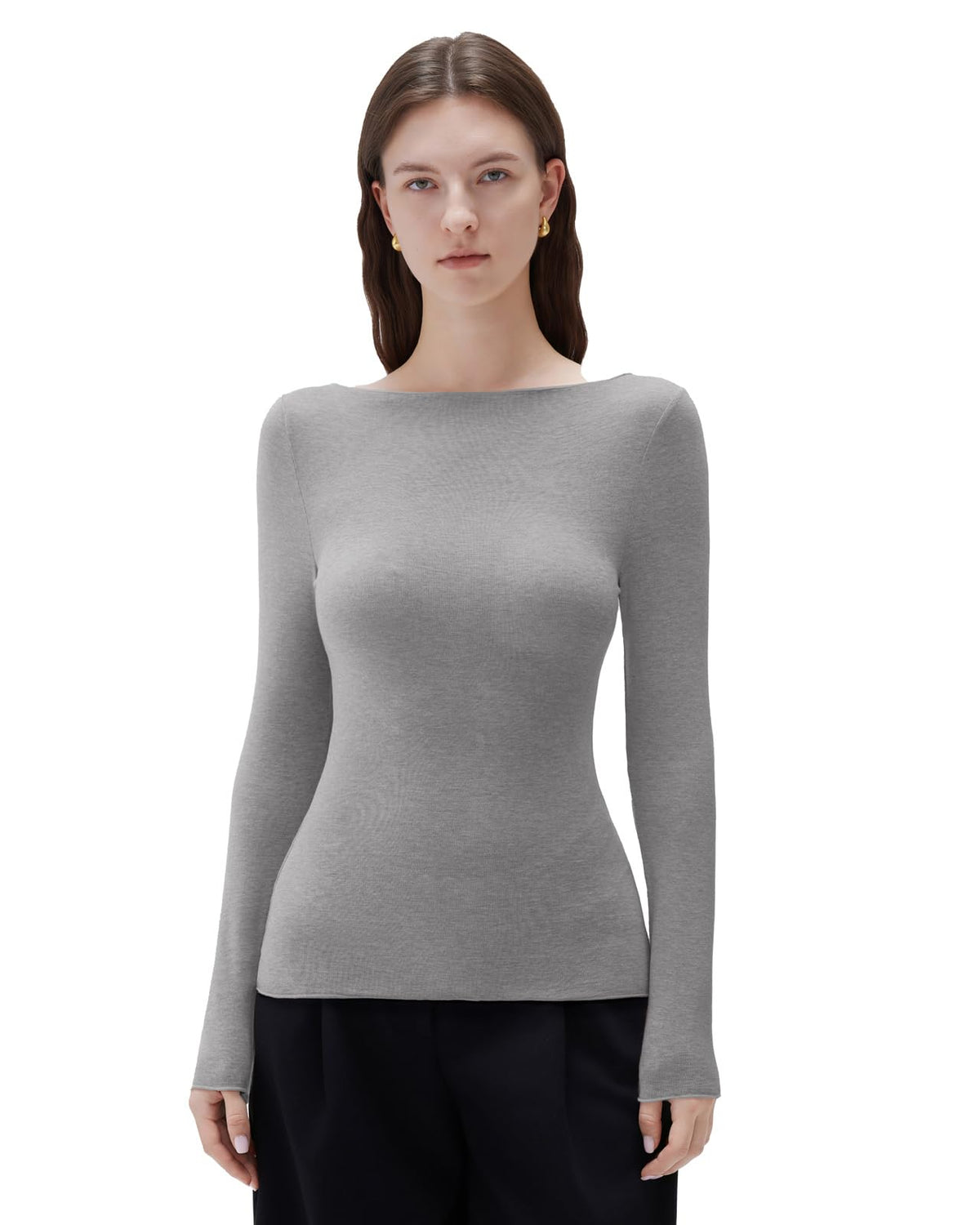 SUUKSESS Cloud Cashmere Women Boat Neck Fitted Long Sleeve Shirt Basic Knit Tops