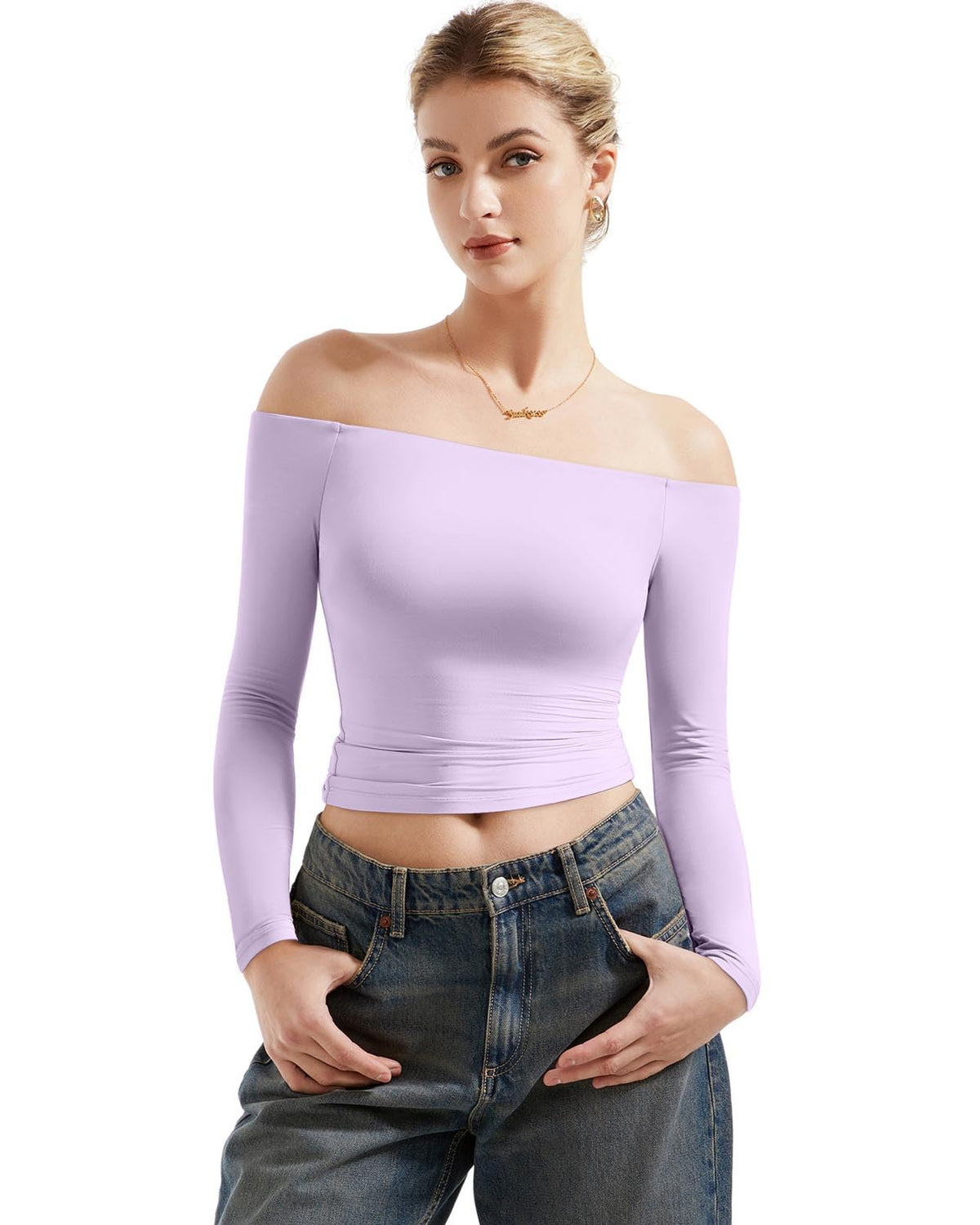 SUUKSESS Women Off Shoulder Double Lined Long Sleeve Shirts Basic Going Out Tops