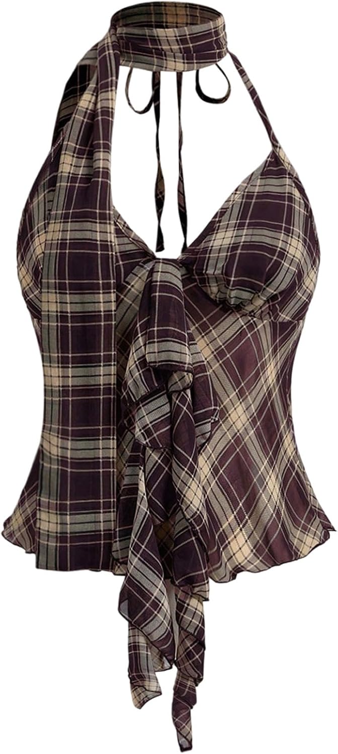 Floerns Women's Y2K Plaid Ruffle Halter Cami Top Summer Tie Open Back Sleeveless Club Party Tops
