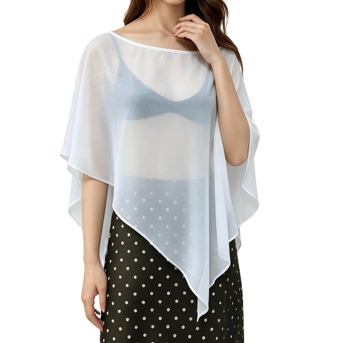 Women's Casual Sheer Chiffon Poncho Top Boat Neck Asymmetrical See Through Cover Up Beach Vacation Summer Y2k Outfit