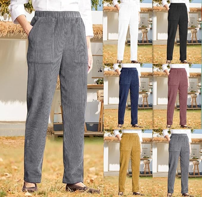 LOVESHOOT Corduroy Pants for Women Elastic High Waist Pull On Straight Leg Slacks Casual Fall Trousers with Pockets