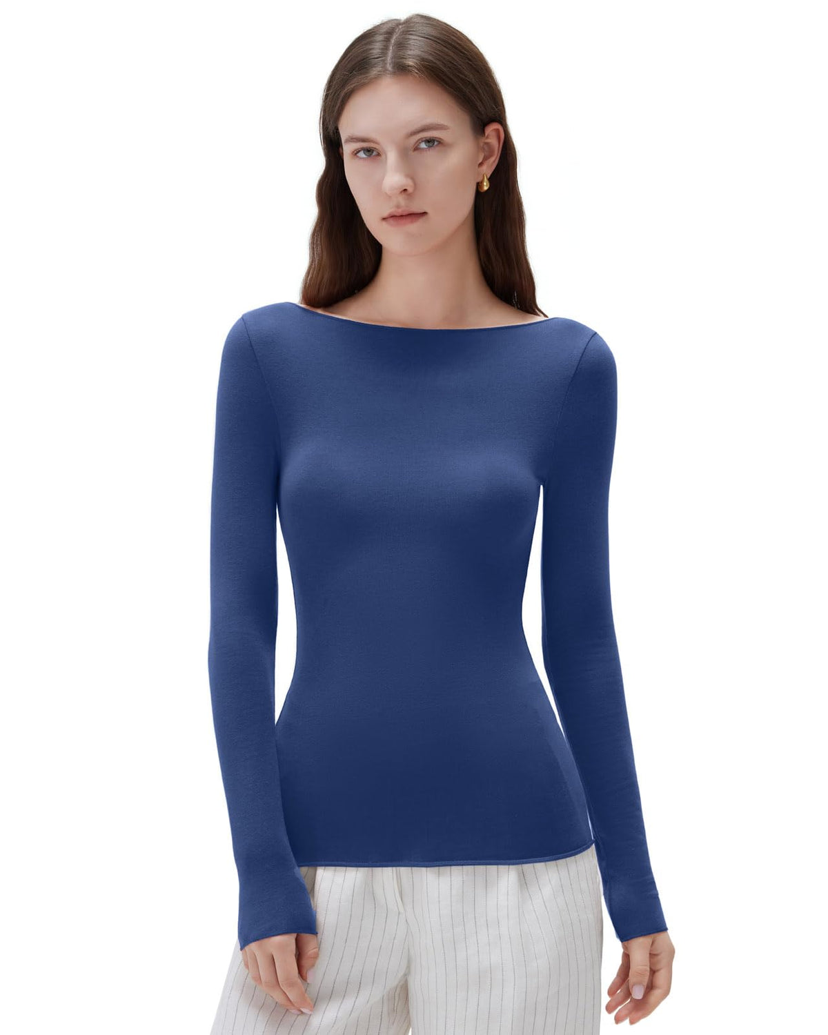 SUUKSESS Cloud Cashmere Women Boat Neck Fitted Long Sleeve Shirt Basic Knit Tops