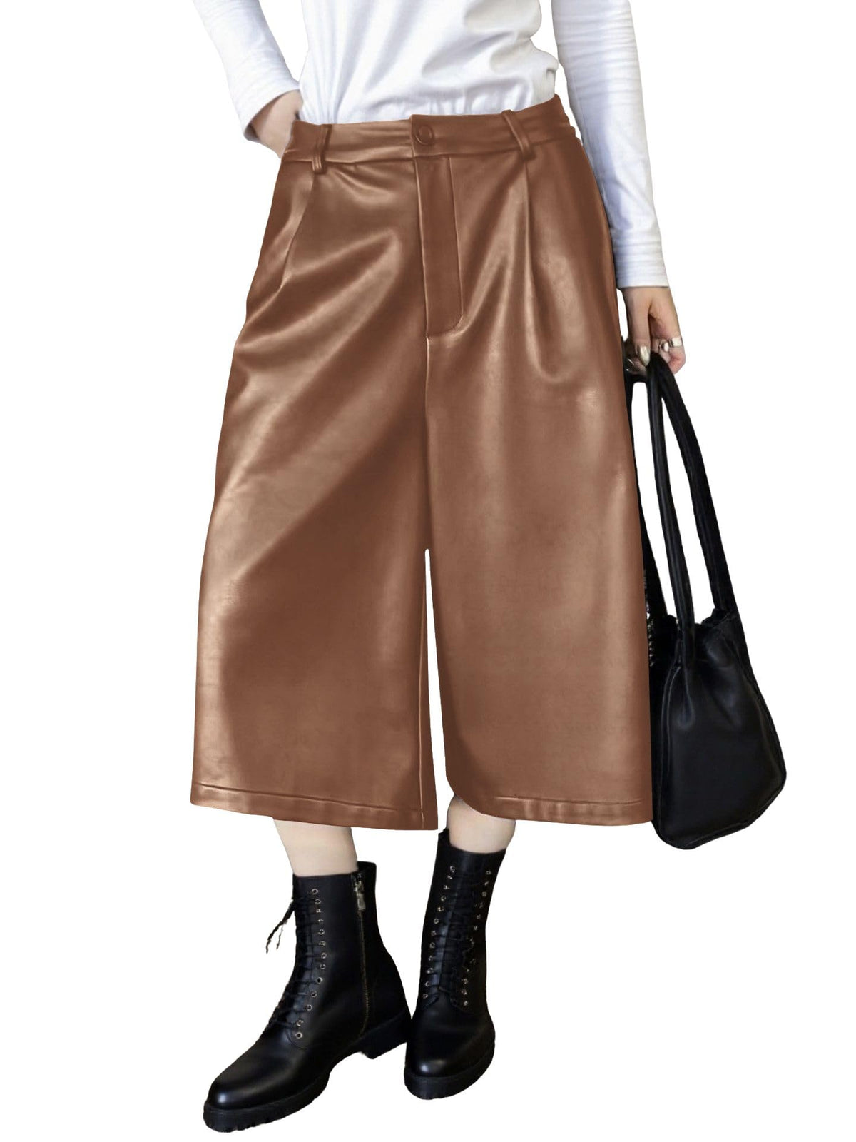chouyatou Women's Pu Faux Leather Wide Leg Cropped Pants High Elastic Waist Baggy Barrel Capri Palazzo Pants