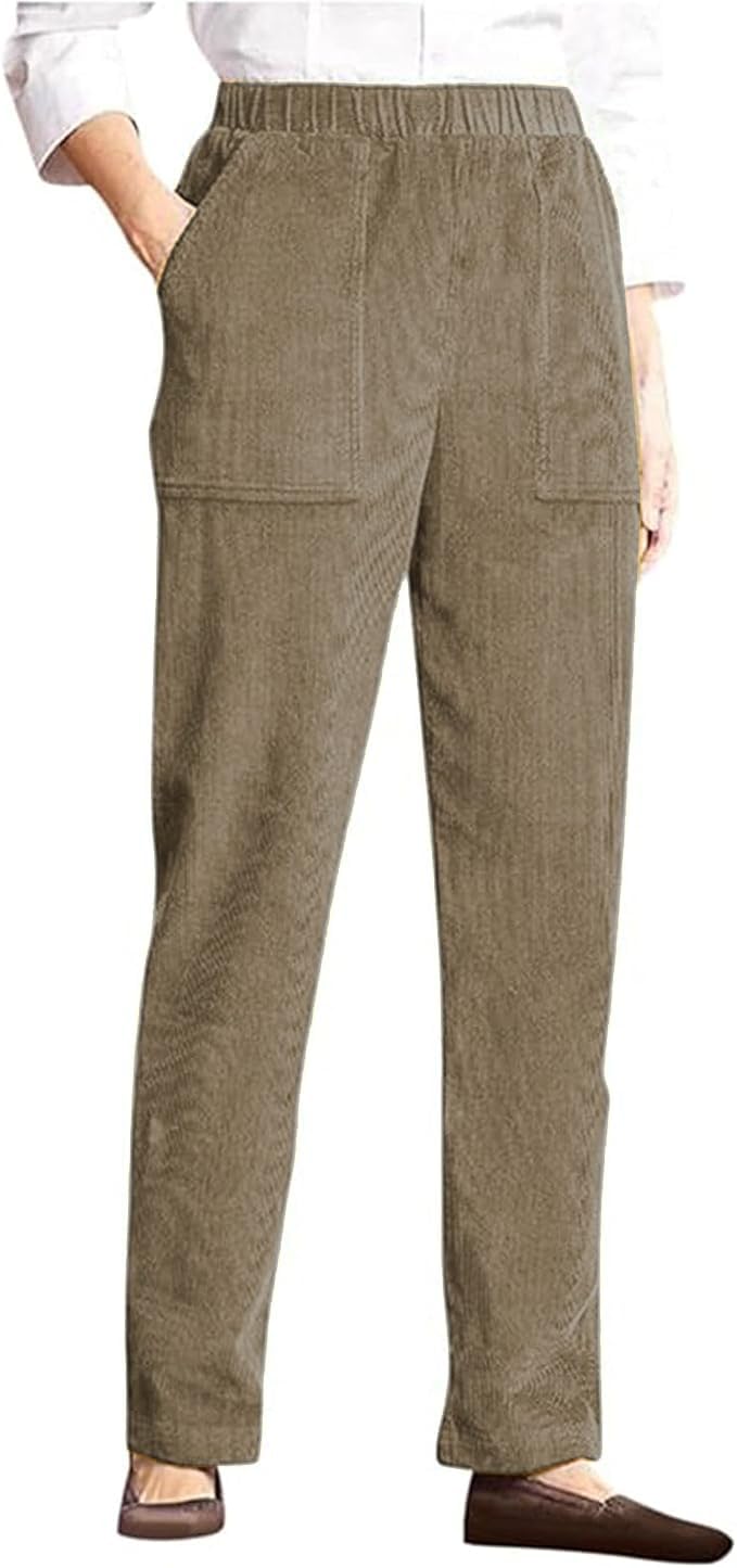 LOVESHOOT Corduroy Pants for Women Elastic High Waist Pull On Straight Leg Slacks Casual Fall Trousers with Pockets