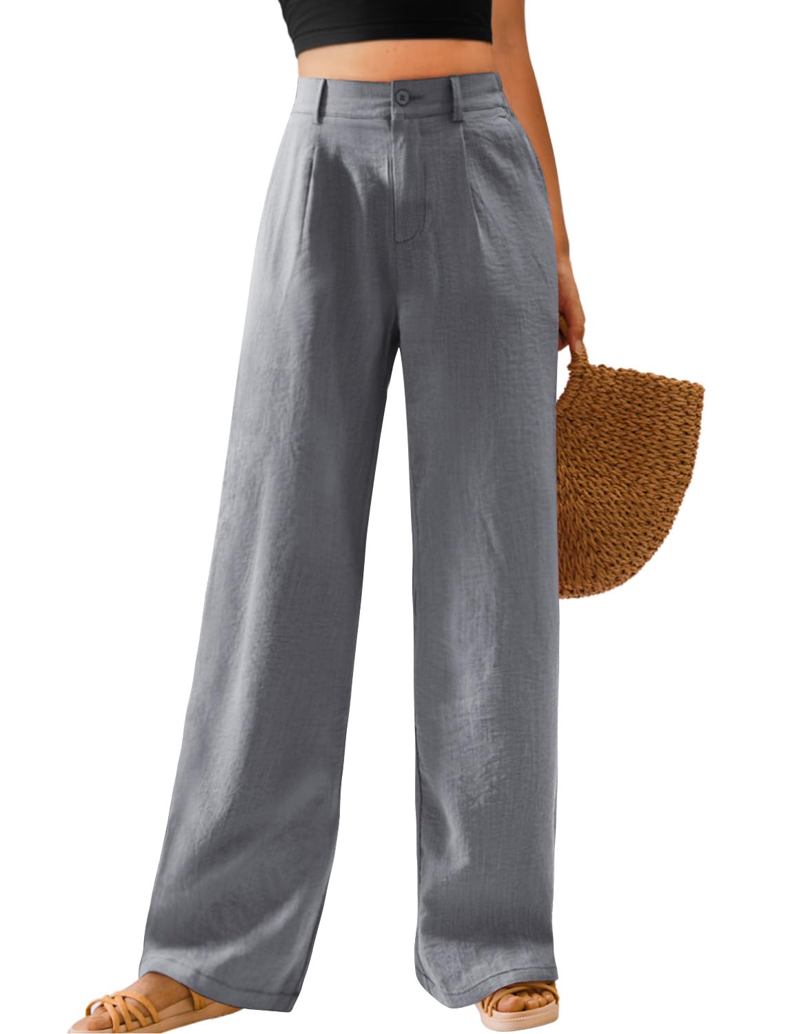 Feiersi Womens Casual Wide Leg Pants High Waisted Button Down Straight Long Trousers Palazzo Pants