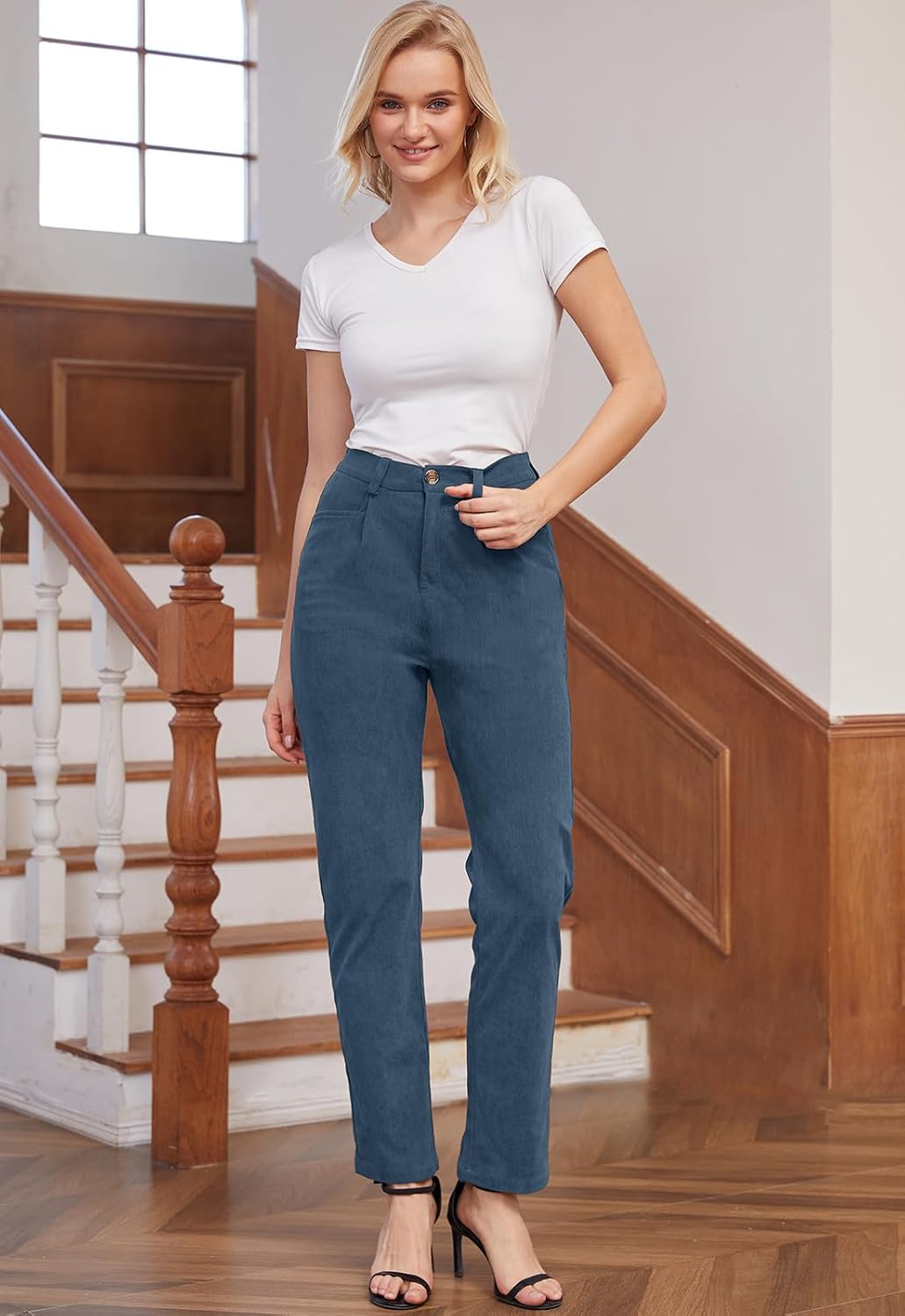 Rasutina Women Corduroy Pants Casual Fall Pants High Waisted Straight Leg Pants for Women Stretchy Work Trousers with Pockets