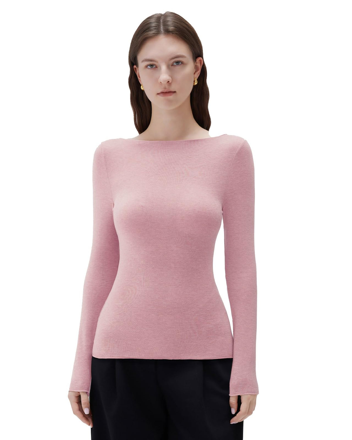 SUUKSESS Cloud Cashmere Women Boat Neck Fitted Long Sleeve Shirt Basic Knit Tops