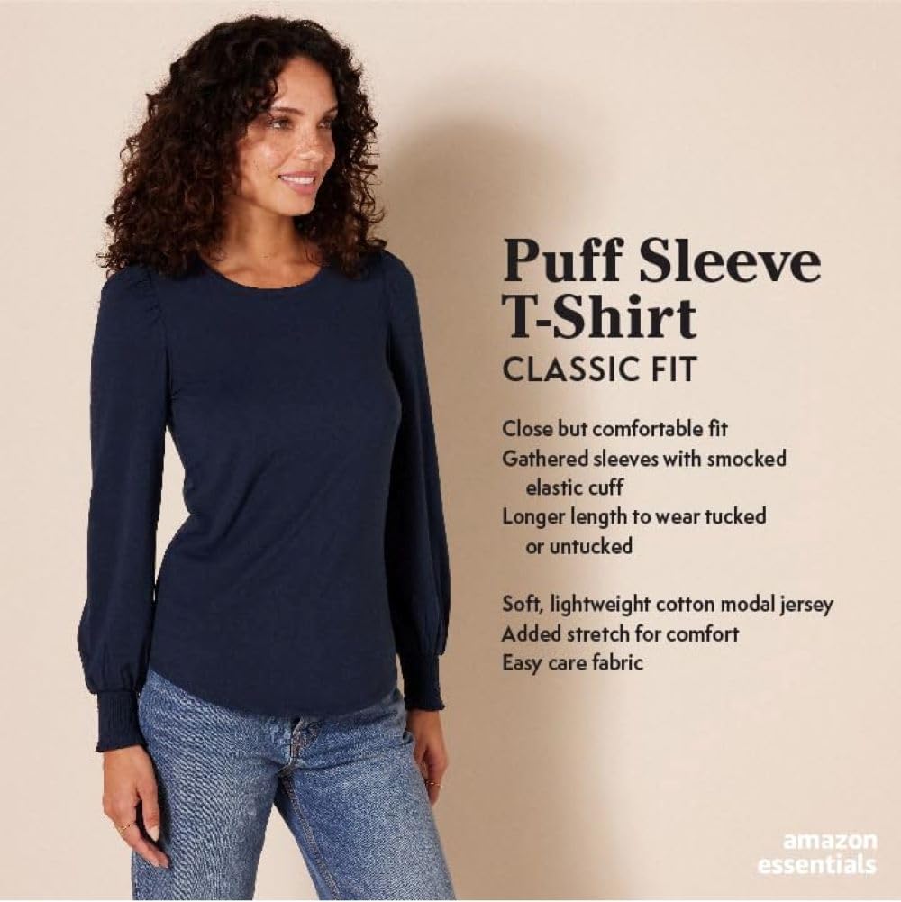 Amazon Essentials Women's Long-Sleeve Crewneck Smocked Cuff T-Shirt