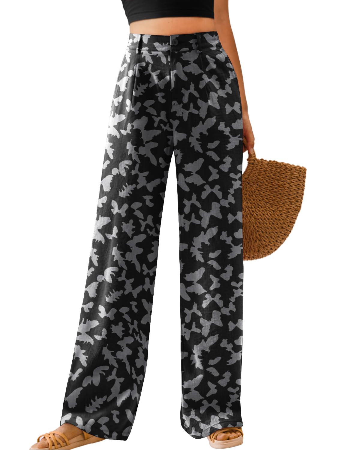 Feiersi Womens Casual Wide Leg Pants High Waisted Button Down Straight Long Trousers Palazzo Pants