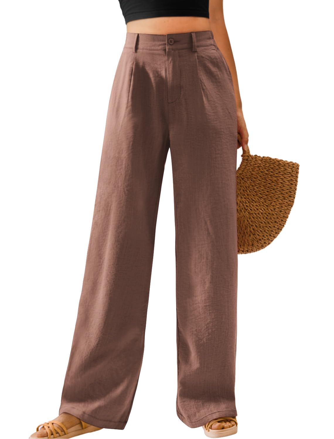 Feiersi Womens Casual Wide Leg Pants High Waisted Button Down Straight Long Trousers Palazzo Pants
