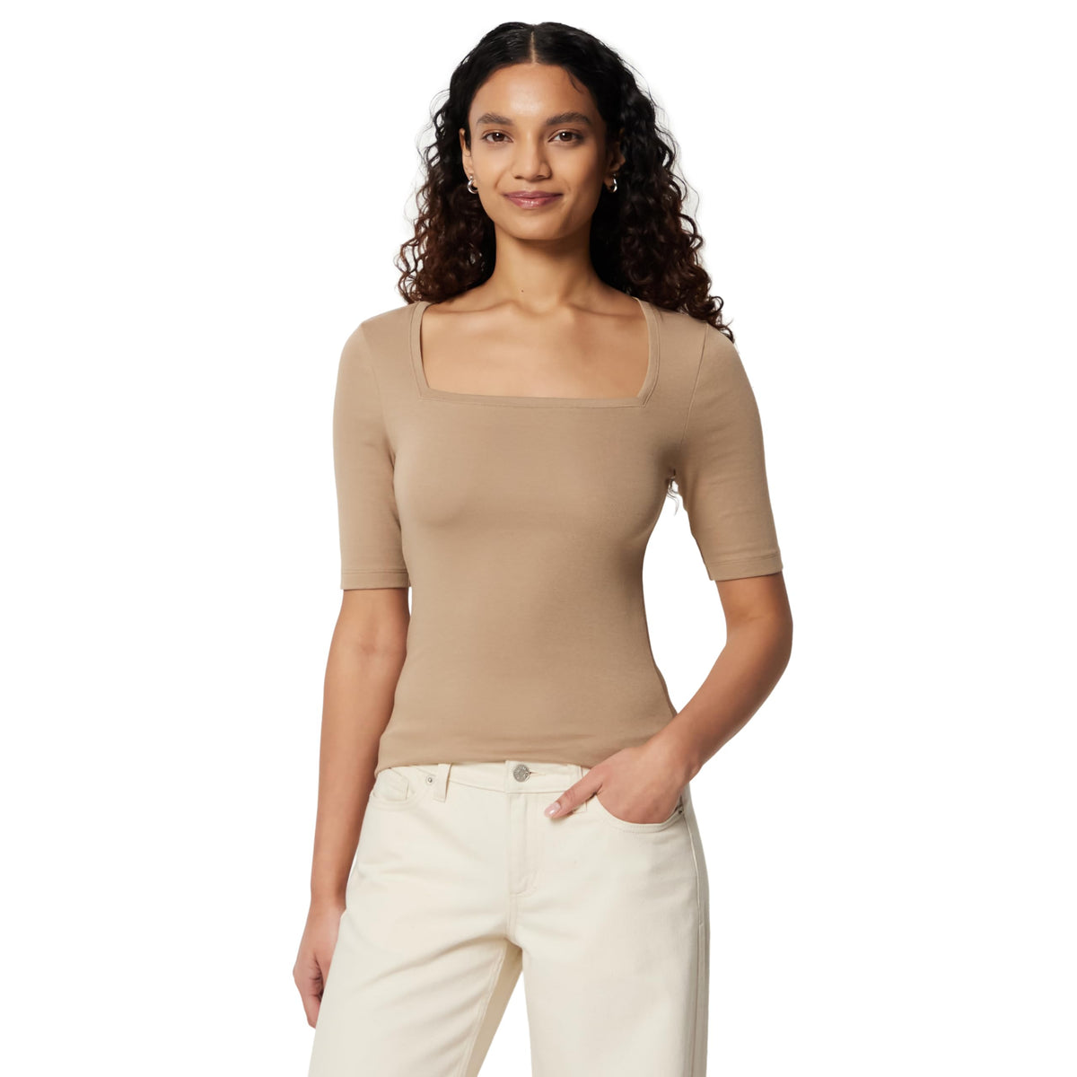Amazon Essentials Women's Slim Fit Half Sleeve Square Neck Cotton Modal T-Shirt