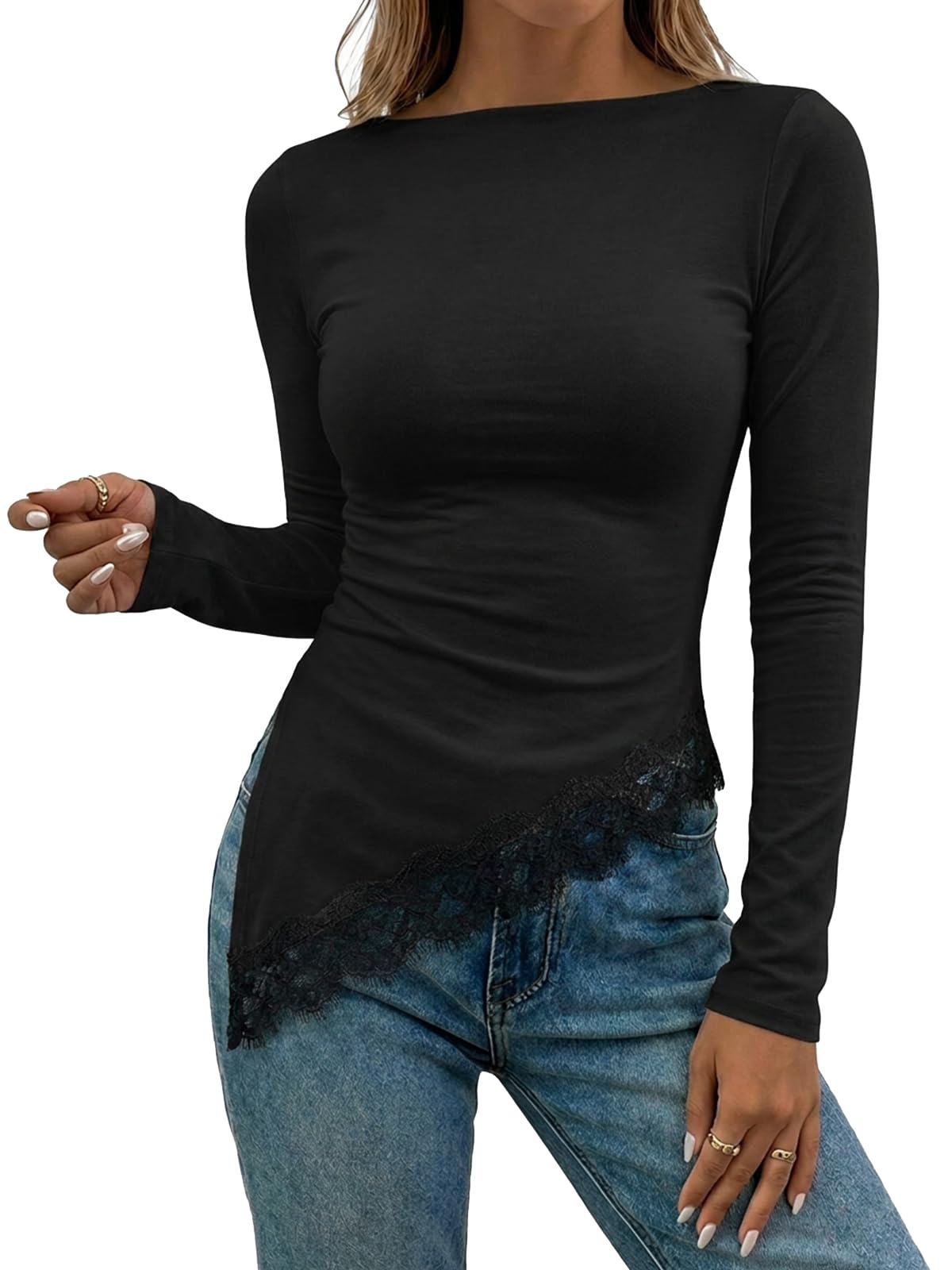 Flowyair Womens Boat Neck Long Sleeve Lace Tops Slim Fit Shirts