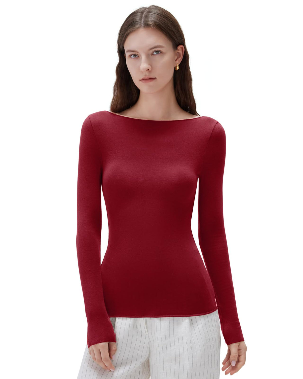 SUUKSESS Cloud Cashmere Women Boat Neck Fitted Long Sleeve Shirt Basic Knit Tops