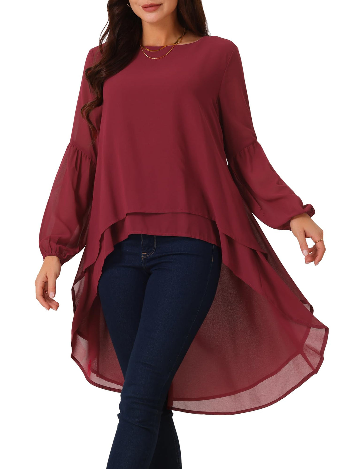 Seta T Women's High Low Tops Lantern Sleeve Dressy Casual Chiffon Blouse