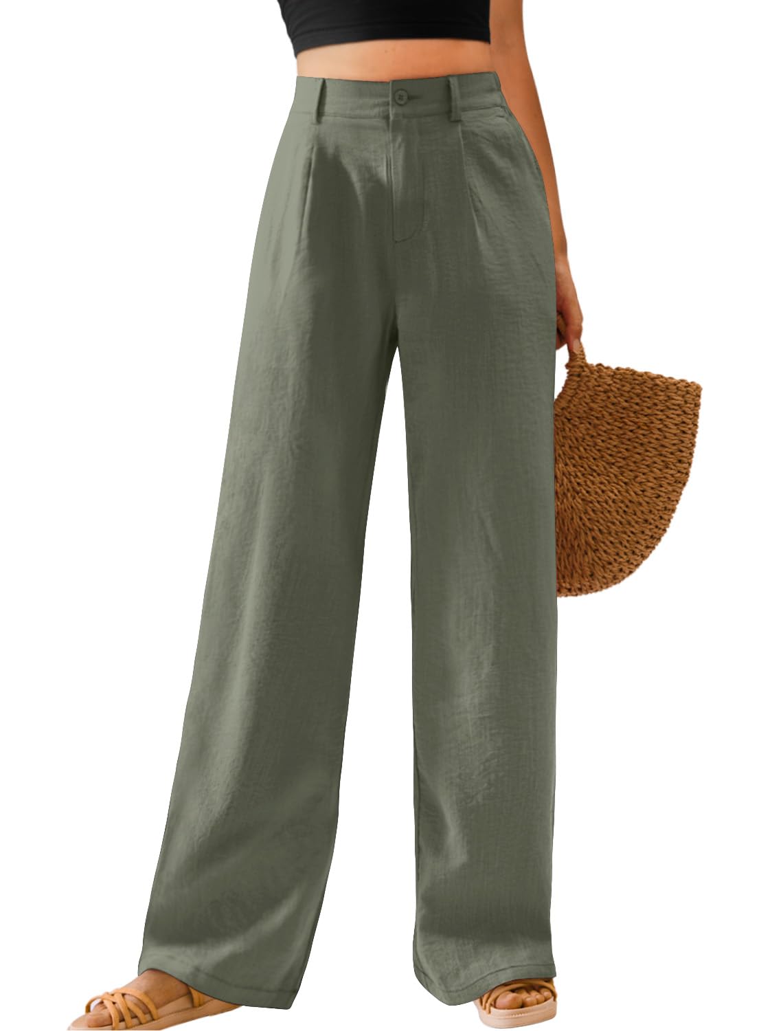 Feiersi Womens Casual Wide Leg Pants High Waisted Button Down Straight Long Trousers Palazzo Pants