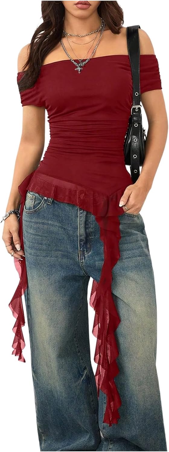 SweatyRocks Women's Off The Shoulder Asymmetrical Top Y2k T Shirts