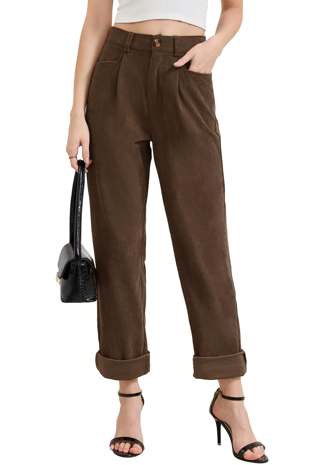 Rasutina Women Corduroy Pants Casual Fall Pants High Waisted Straight Leg Pants for Women Stretchy Work Trousers with Pockets
