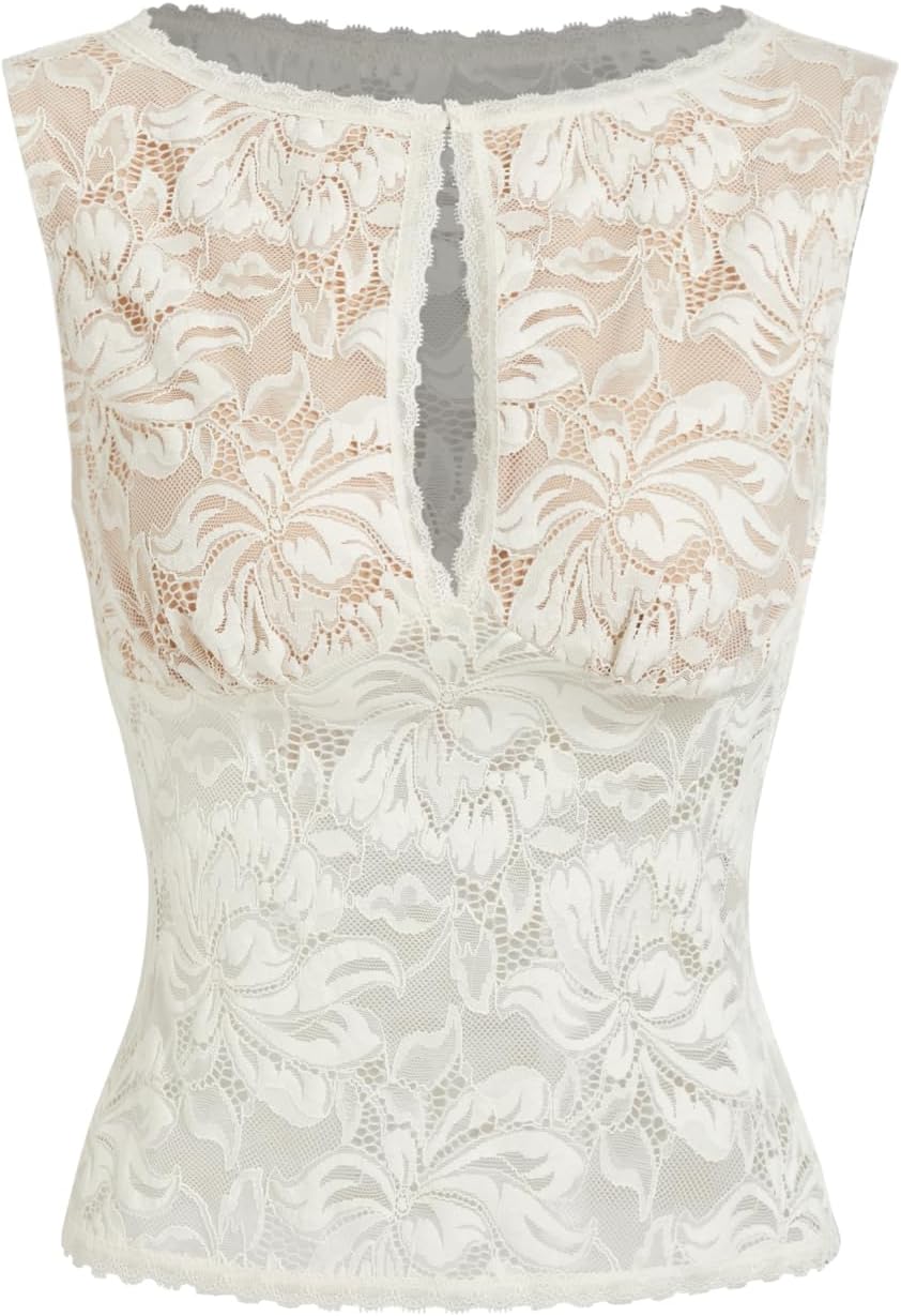 CIDER Womens Sheer Lace Boat Neck Sleeveless Top