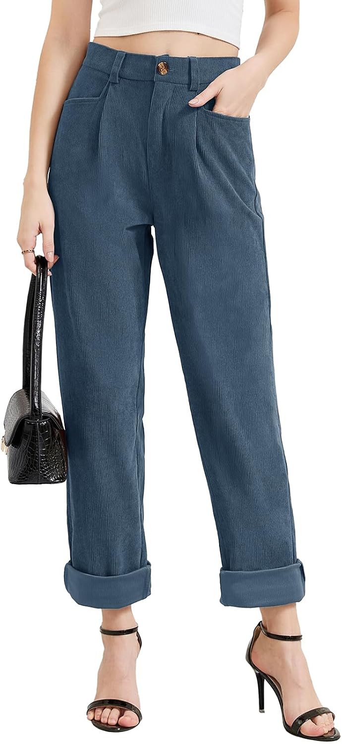 Rasutina Women Corduroy Pants Casual Fall Pants High Waisted Straight Leg Pants for Women Stretchy Work Trousers with Pockets