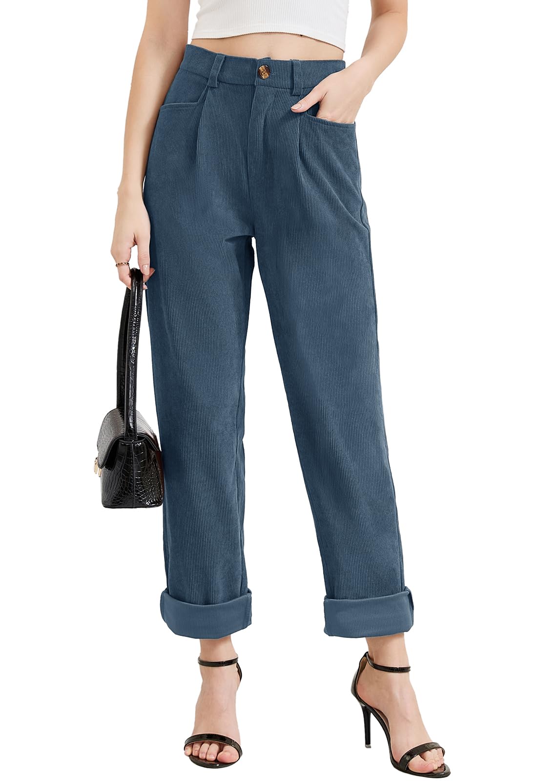 Rasutina Women Corduroy Pants Casual Fall Pants High Waisted Straight Leg Pants for Women Stretchy Work Trousers with Pockets