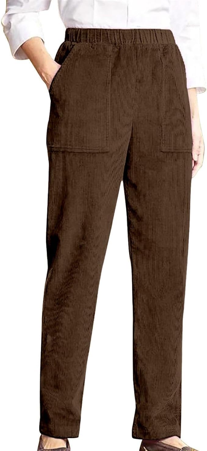 LOVESHOOT Corduroy Pants for Women Elastic High Waist Pull On Straight Leg Slacks Casual Fall Trousers with Pockets