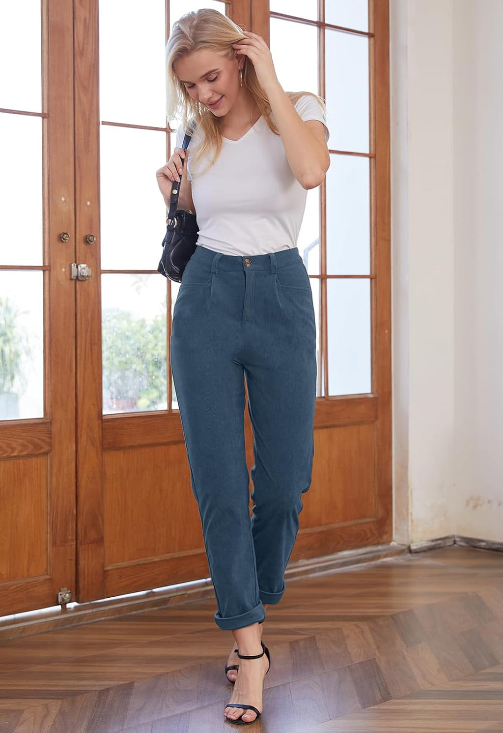 Rasutina Women Corduroy Pants Casual Fall Pants High Waisted Straight Leg Pants for Women Stretchy Work Trousers with Pockets