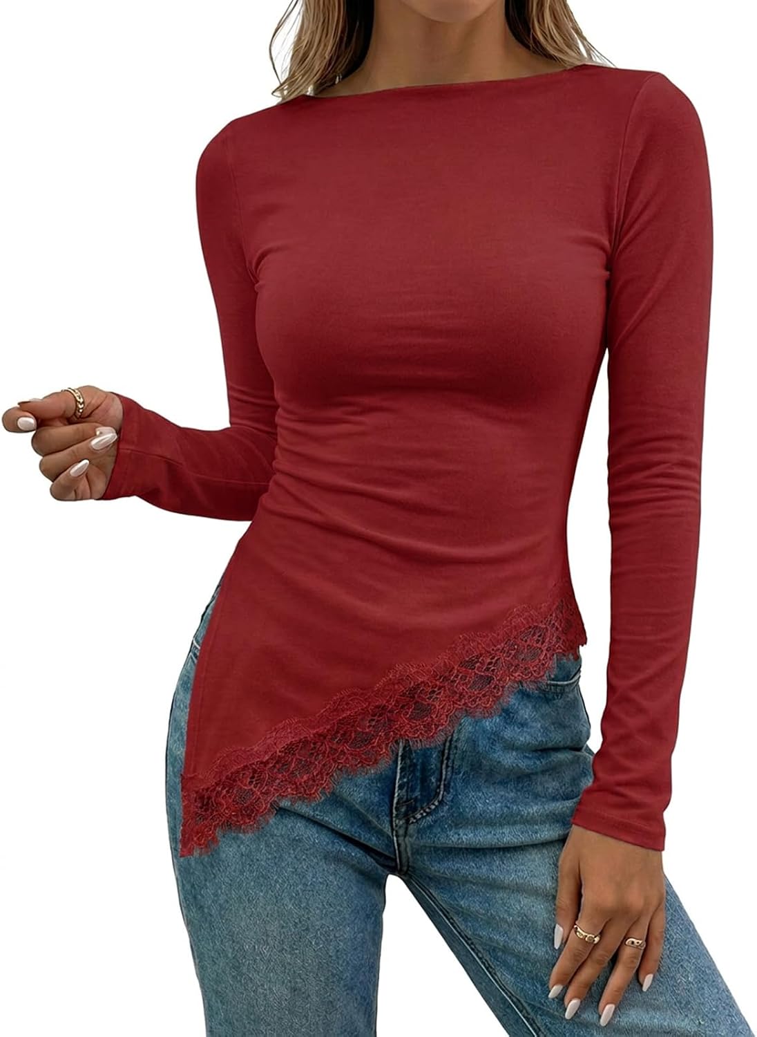 Flowyair Womens Boat Neck Long Sleeve Lace Tops Slim Fit Shirts