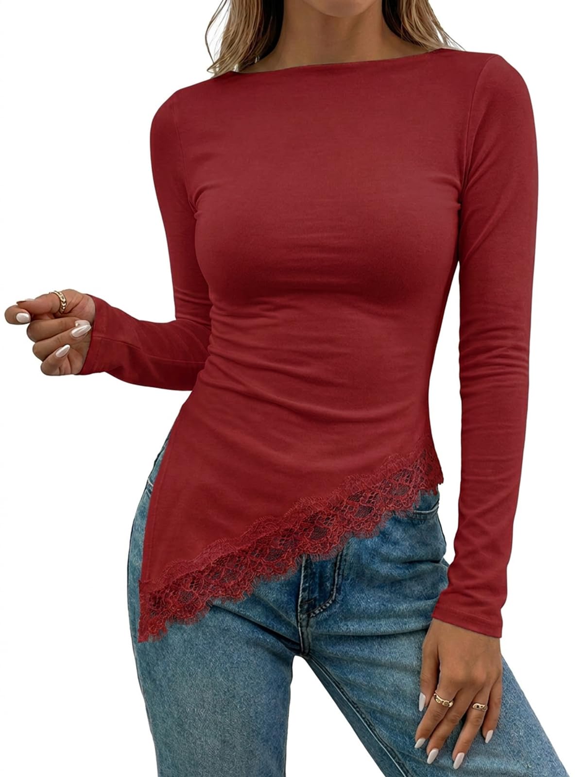 Flowyair Womens Boat Neck Long Sleeve Lace Tops Slim Fit Shirts