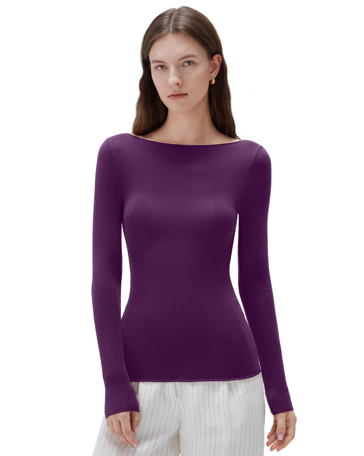 SUUKSESS Cloud Cashmere Women Boat Neck Fitted Long Sleeve Shirt Basic Knit Tops