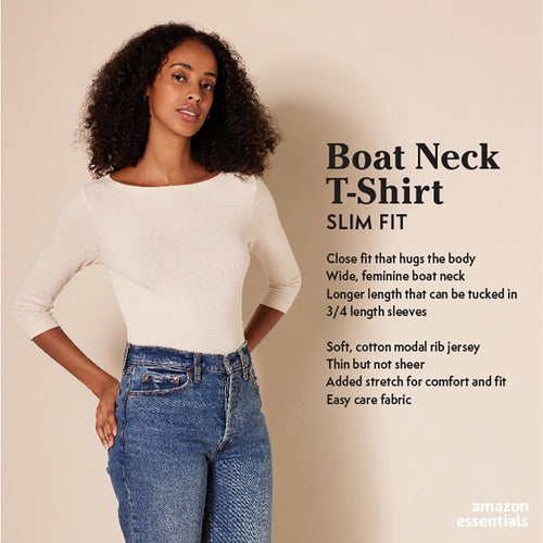 Amazon Essentials Women's Slim-Fit 3/4 Sleeve Boat Neck Tops Cotton Modal T-Shirt