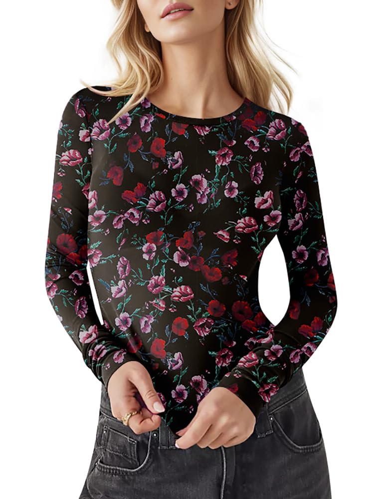 AKEWEI Womens Mesh Long Sleeve Tops Crew Neck Sexy See Through Tee Shirts Party Club Night Lace Blouse