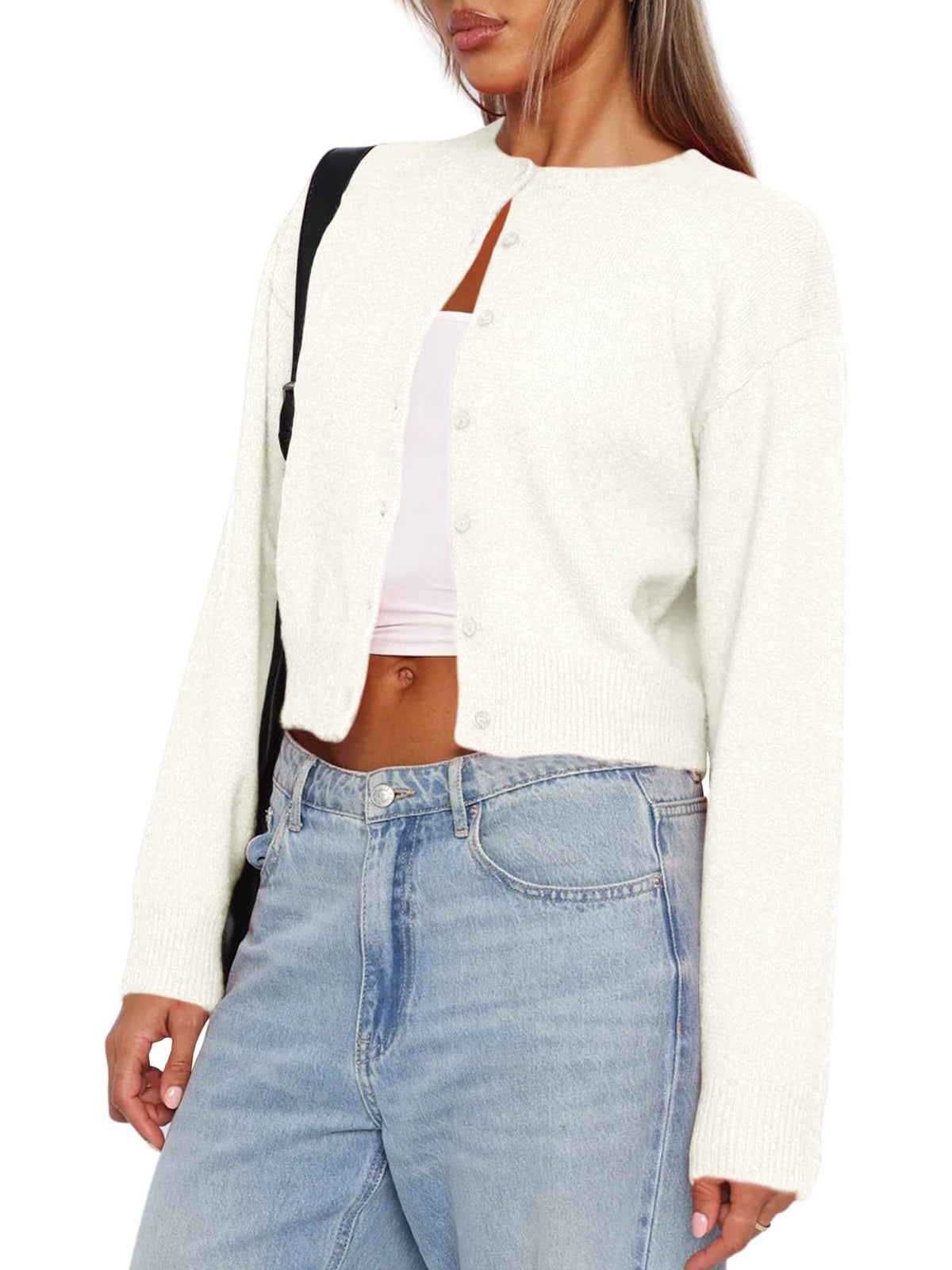 Balimtoy Womens Cropped Cardigan Long Sleeve Button Up Sweaters | Soft Knit Cardigan, Crew Neck, Button Down, Casual for Office Work, Teacher Outfit, Trendy Sweater for Fall, Spring 2026