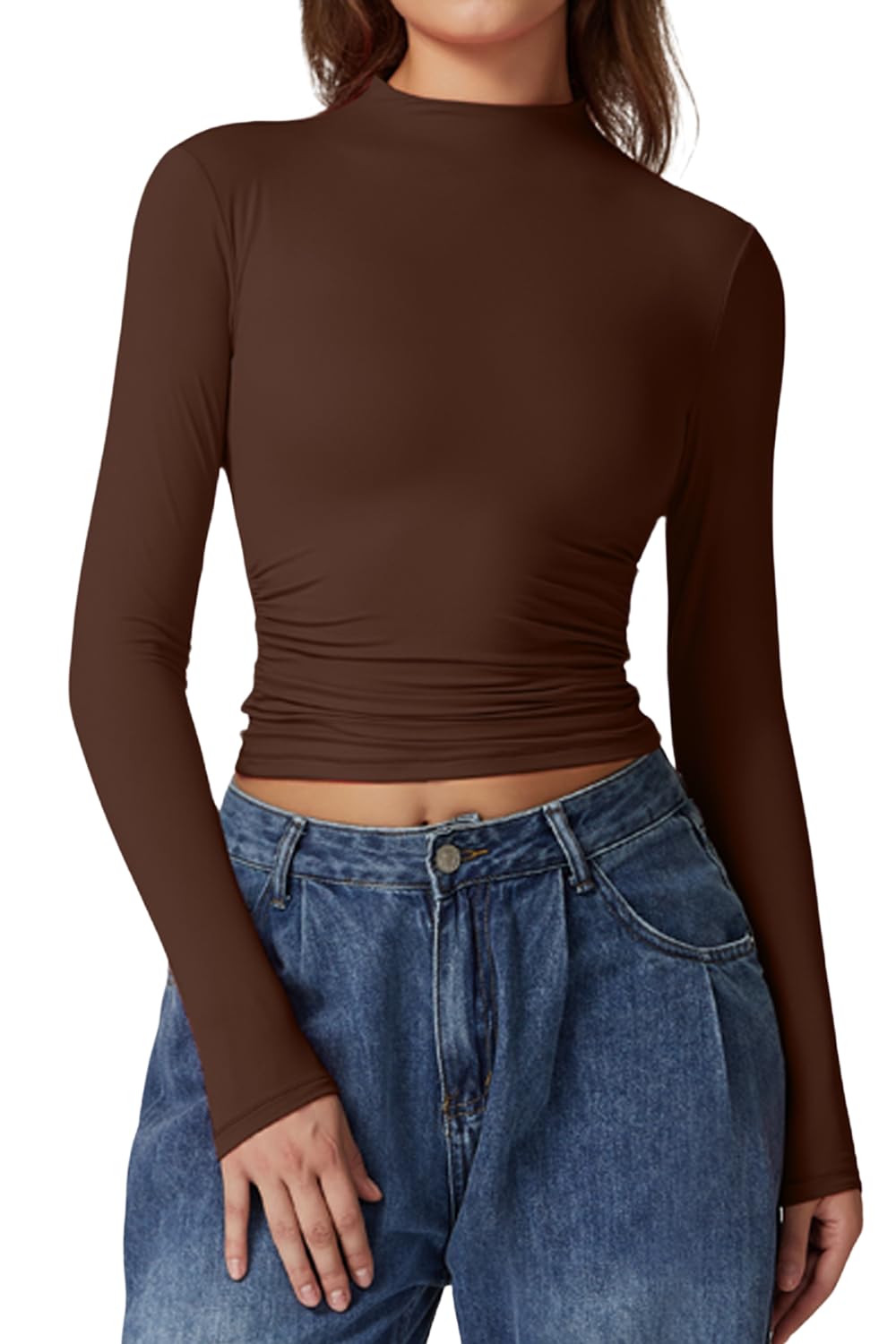 QINSEN Womens Mock Neck Long Sleeve Shirt Double Lined Basic Tees Side Ruched Going Out Crop Tops