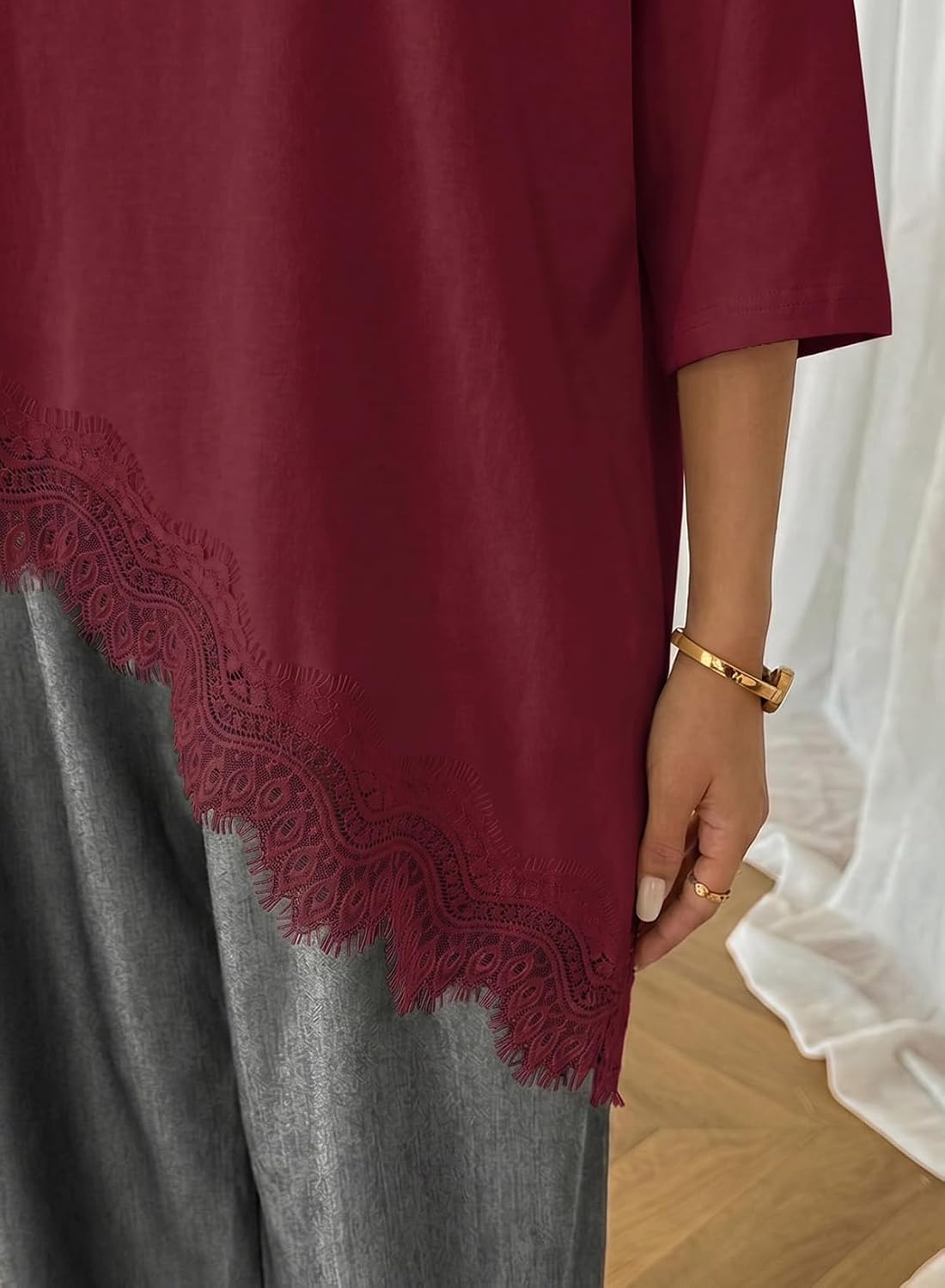LOLONG Women Casual Crew Neck Half Sleeve Shirts Asymmetrical Lace Hem Tops