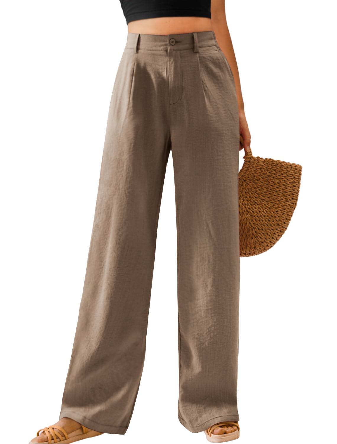 Feiersi Womens Casual Wide Leg Pants High Waisted Button Down Straight Long Trousers Palazzo Pants