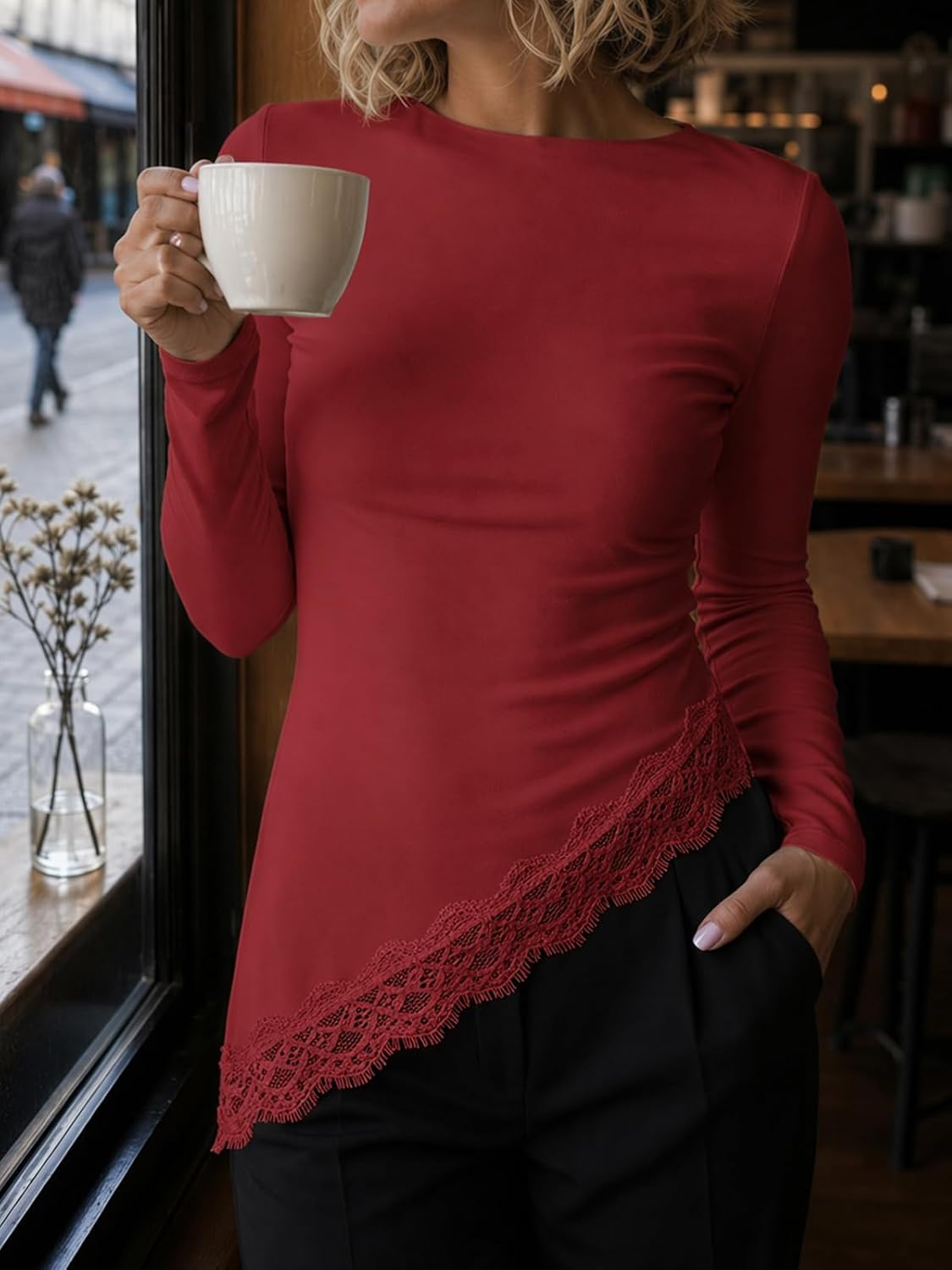 Flowyair Womens Boat Neck Long Sleeve Lace Tops Slim Fit Shirts