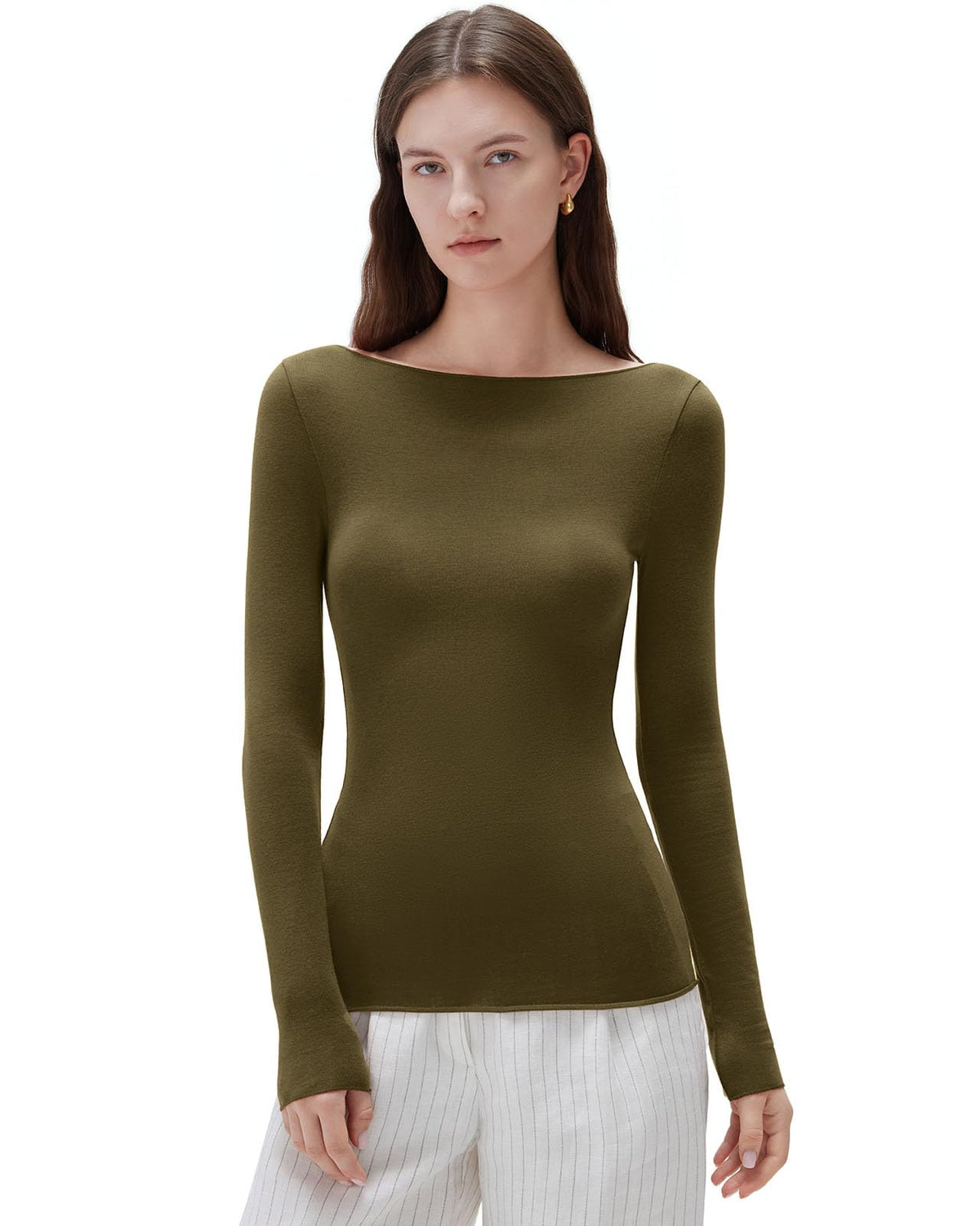 SUUKSESS Cloud Cashmere Women Boat Neck Fitted Long Sleeve Shirt Basic Knit Tops