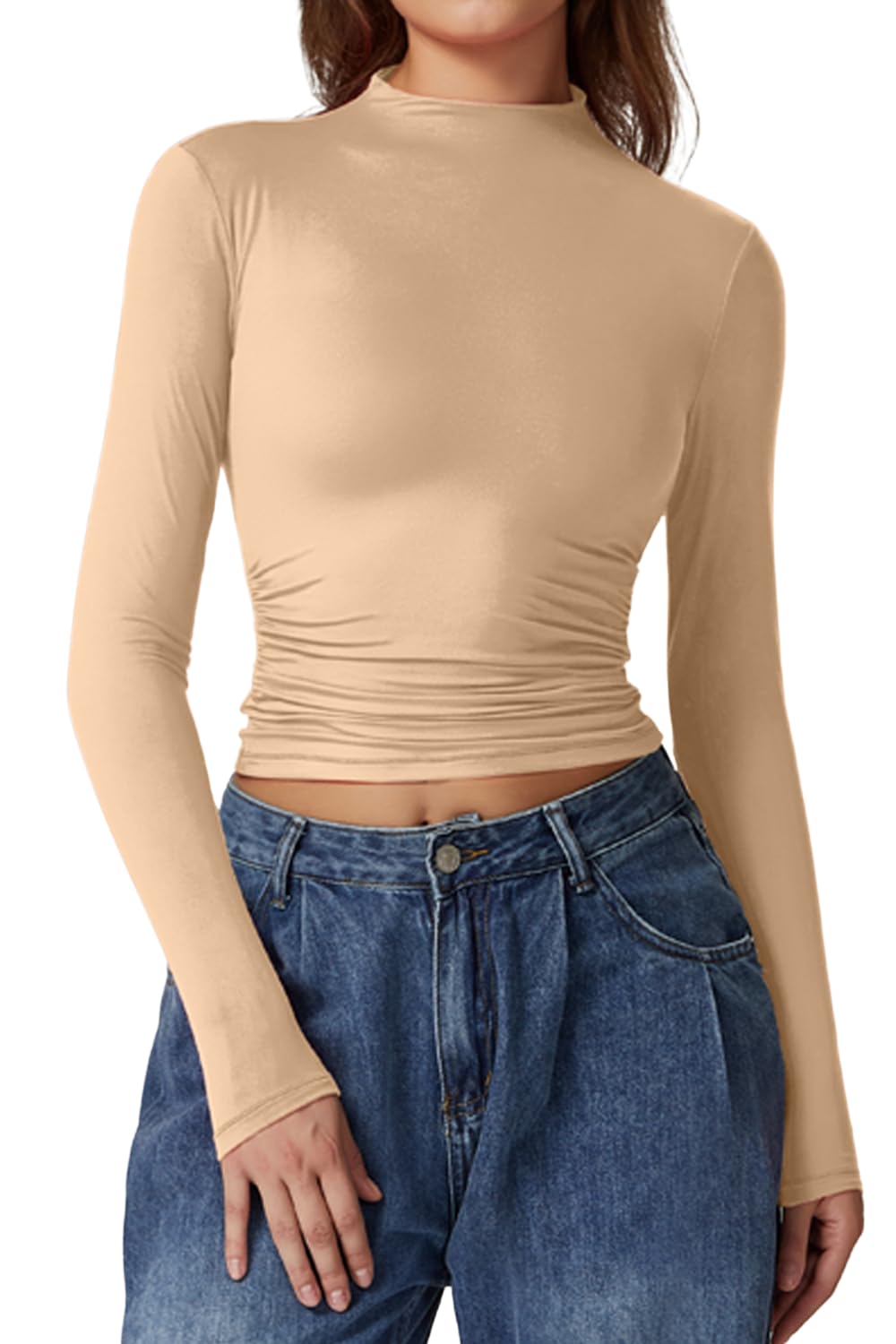 QINSEN Womens Mock Neck Long Sleeve Shirt Double Lined Basic Tees Side Ruched Going Out Crop Tops