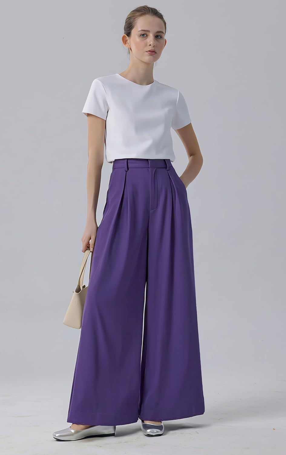 Tronjori Womens High Waist Casual Wide Leg Palazzo Business Pants
