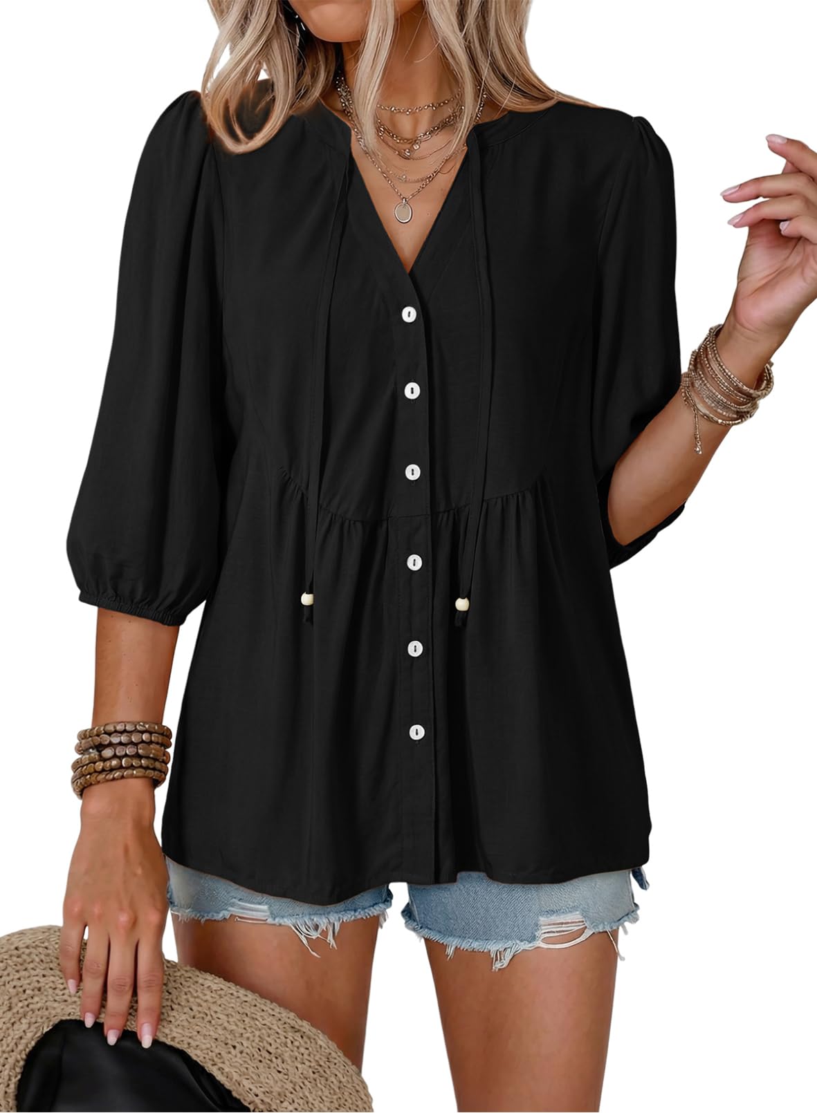 Dokotoo Womens Tops Boho Button Down V Neck Peplum Babydoll Blouses Shirts