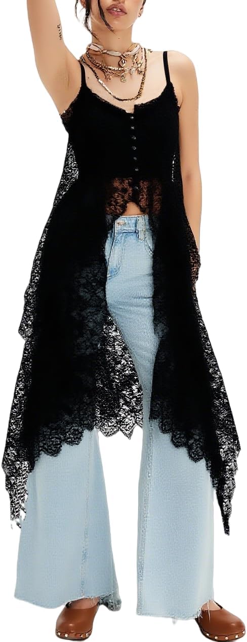 Women Sheer Floral Lace Cami Tops Spaghetti Strap Ruffle Flowy Long Tank Tops Sexy Split Front Going Out Top