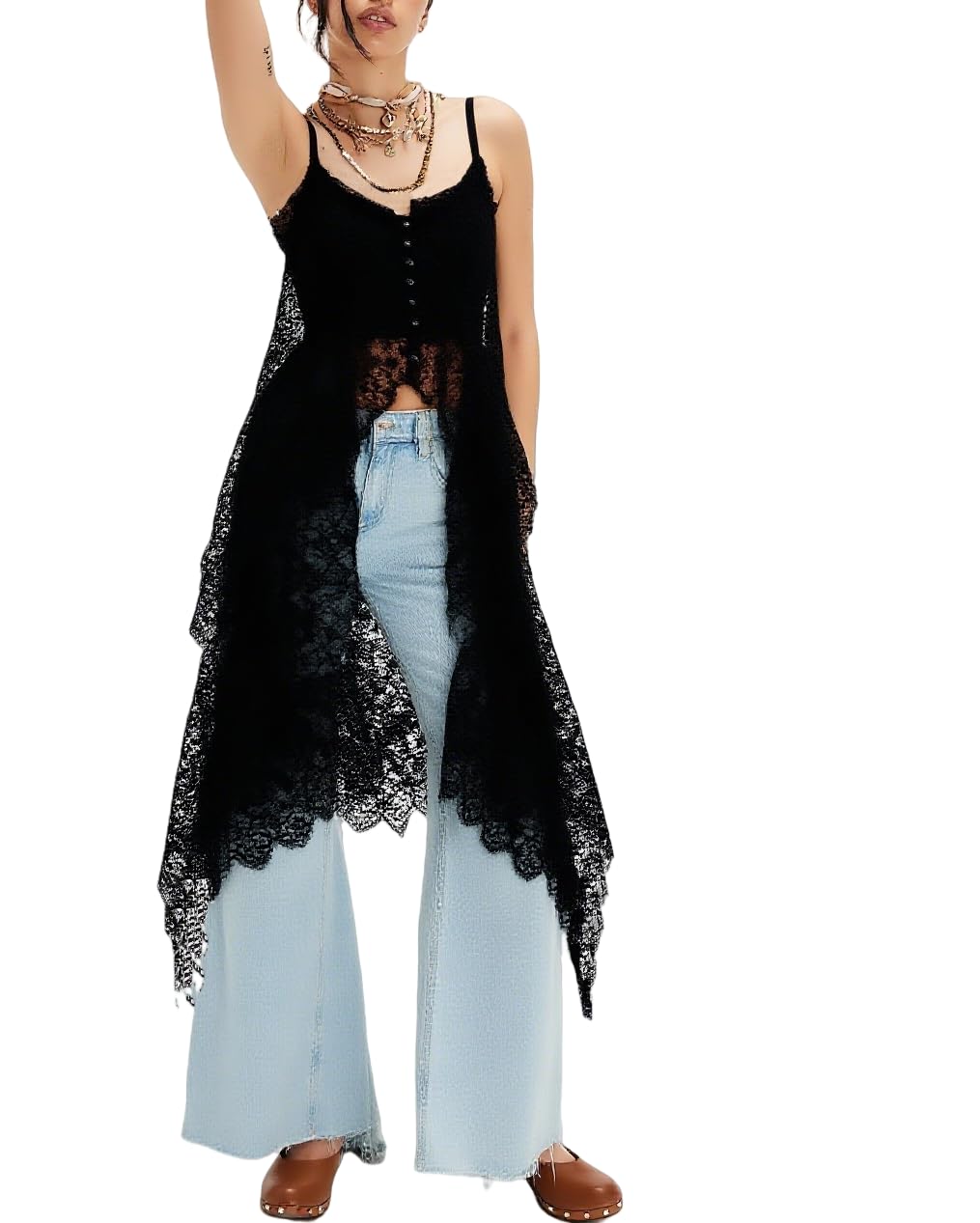 Women Sheer Floral Lace Cami Tops Spaghetti Strap Ruffle Flowy Long Tank Tops Sexy Split Front Going Out Top