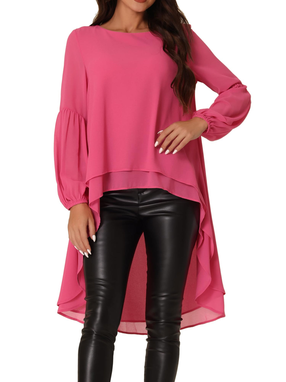 Seta T Women's High Low Tops Lantern Sleeve Dressy Casual Chiffon Blouse