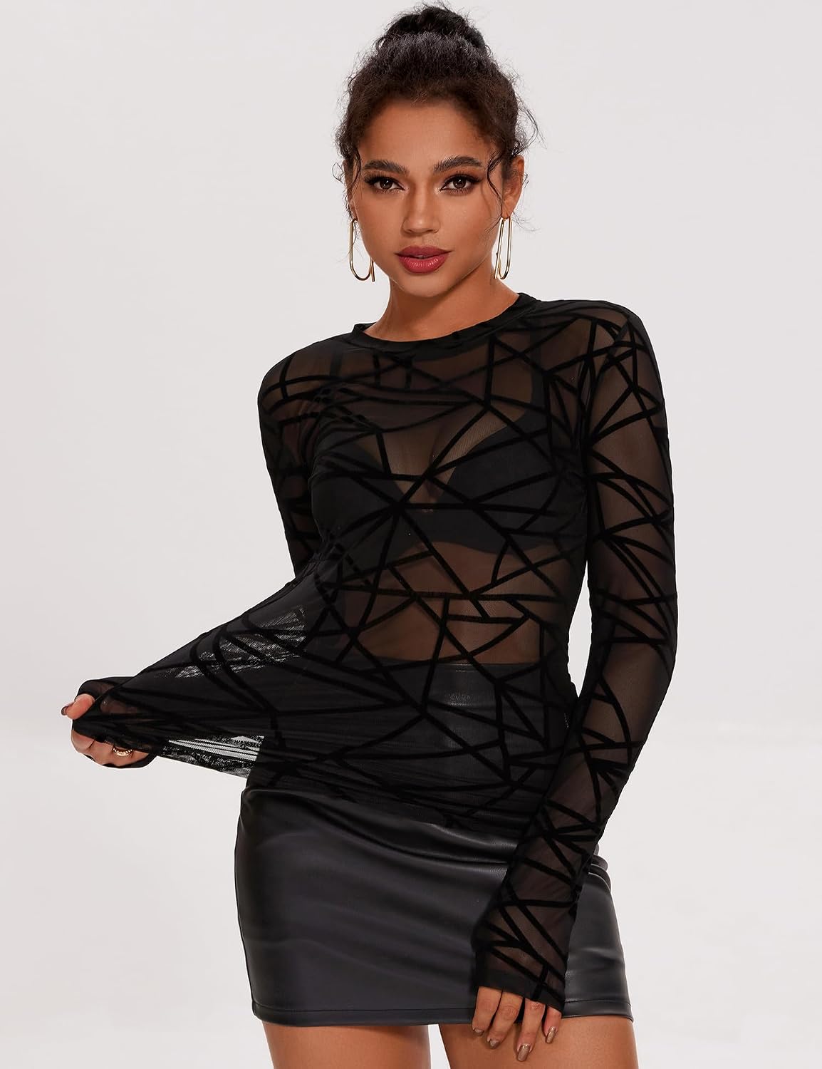 AKEWEI Womens Mesh Long Sleeve Tops Crew Neck Sexy See Through Tee Shirts Party Club Night Lace Blouse