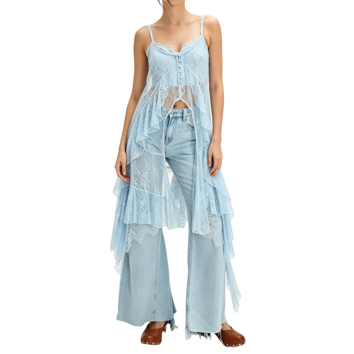 Women Sheer Floral Lace Cami Tops Spaghetti Strap Ruffle Flowy Long Tank Tops Sexy Split Front Going Out Top