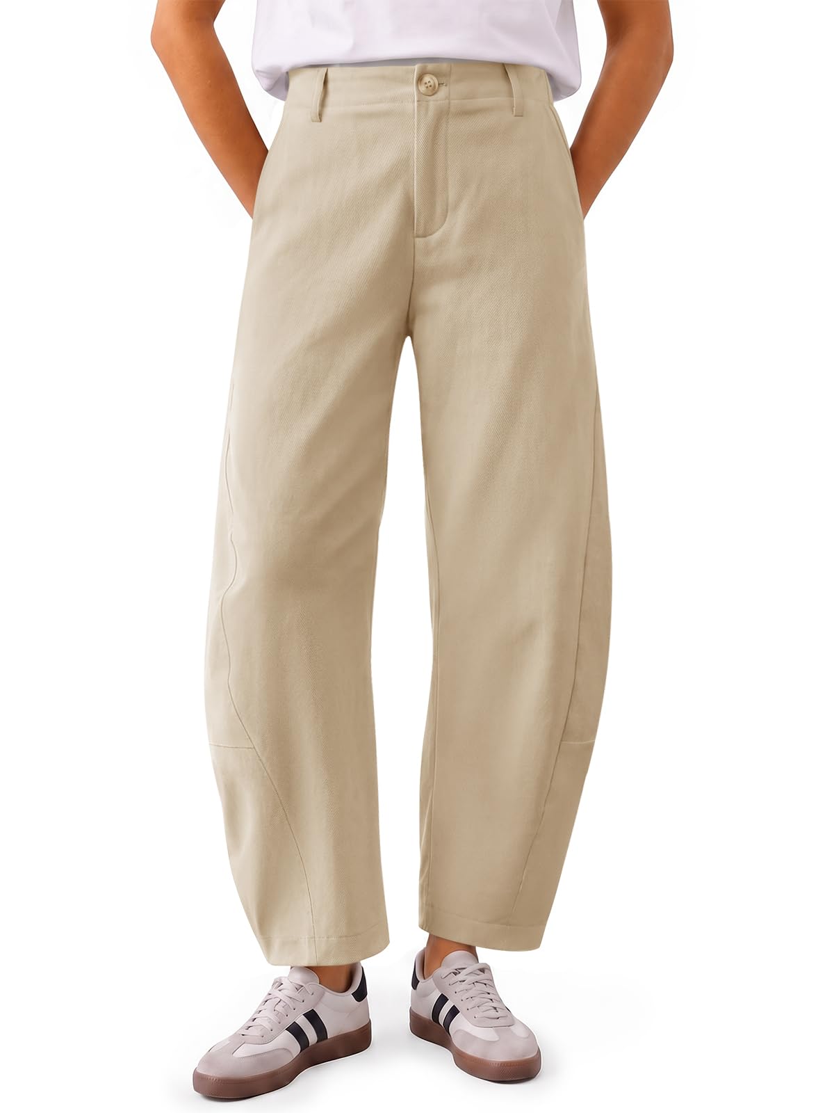 Yousify Womens Baggy Barrel Pants Curved Elastic Waist Tapered Leg Trousers