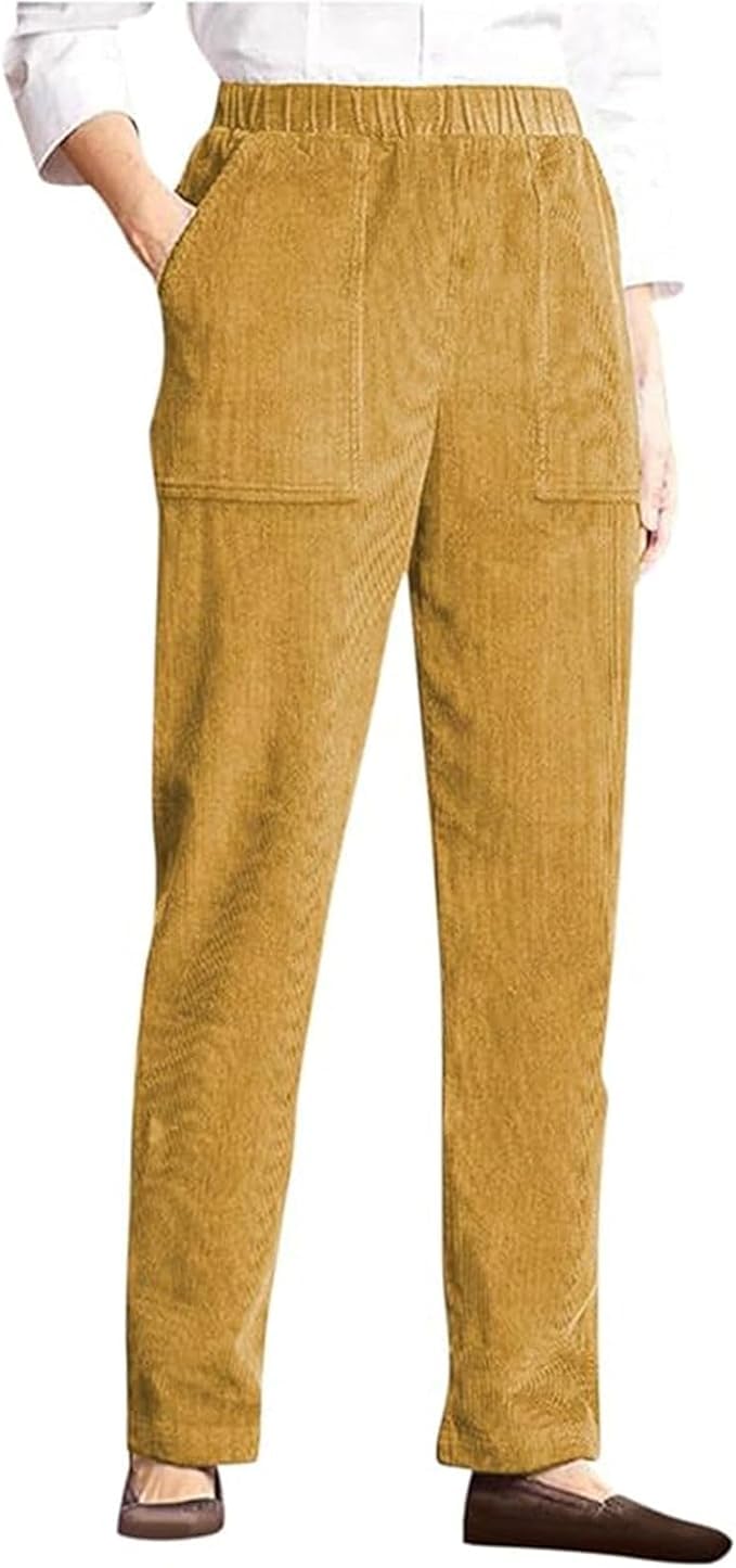 LOVESHOOT Corduroy Pants for Women Elastic High Waist Pull On Straight Leg Slacks Casual Fall Trousers with Pockets