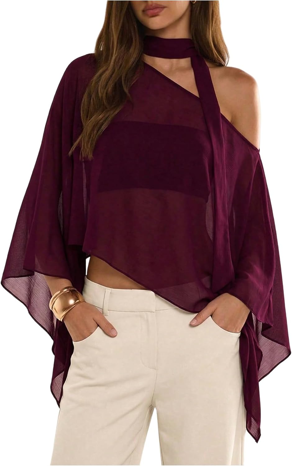 WDIRARA Women's Poncho Top Off The Shoulder Tops Y2k Flowy with Scarf